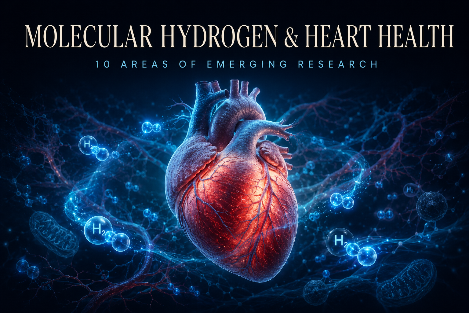 Human heart surrounded by H₂ molecules representing emerging research into molecular hydrogen and heart health