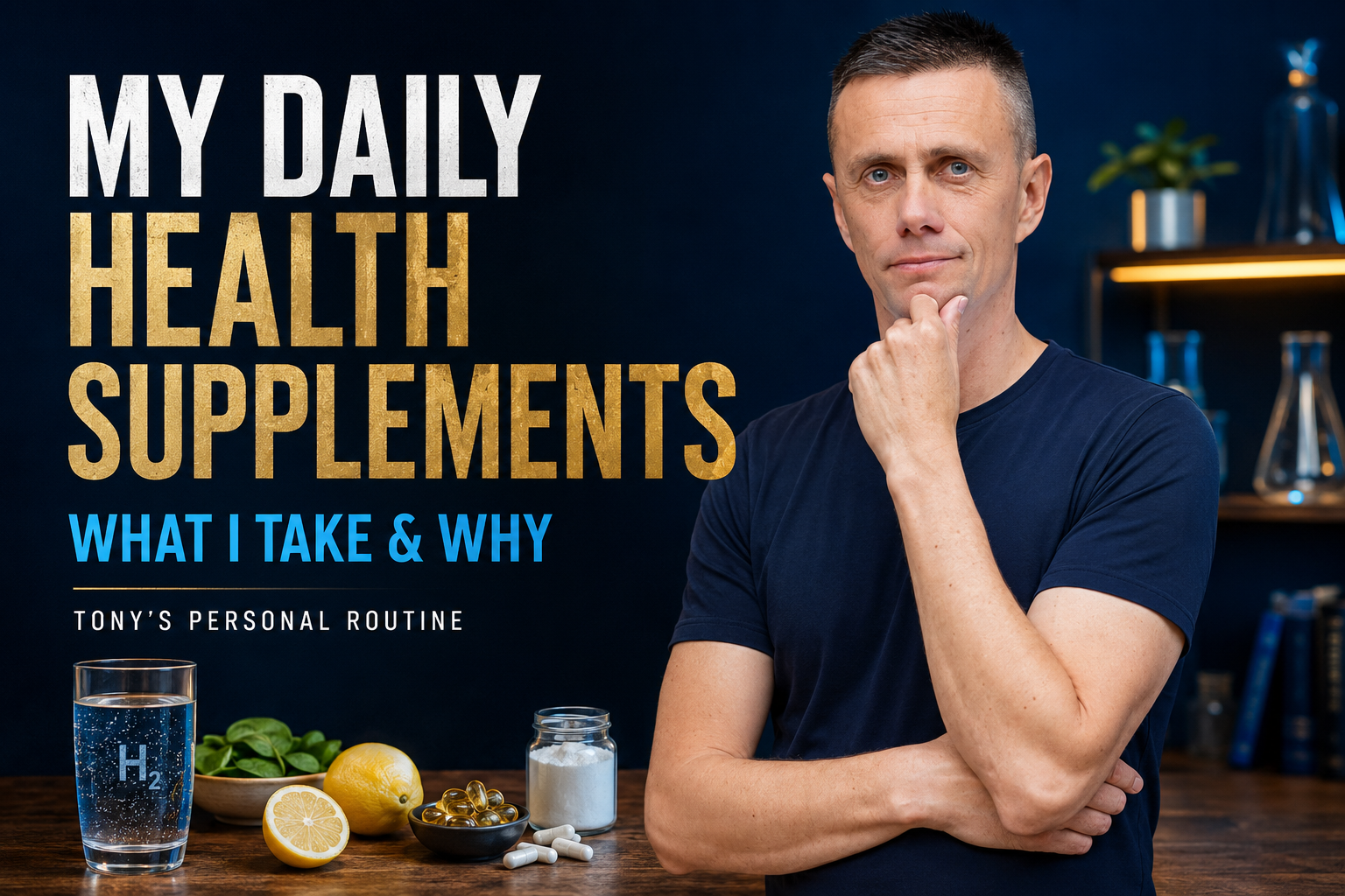 Tony Taylor sharing his personal daily health supplements including omega-3, magnesium, creatine and hydrogen-rich water