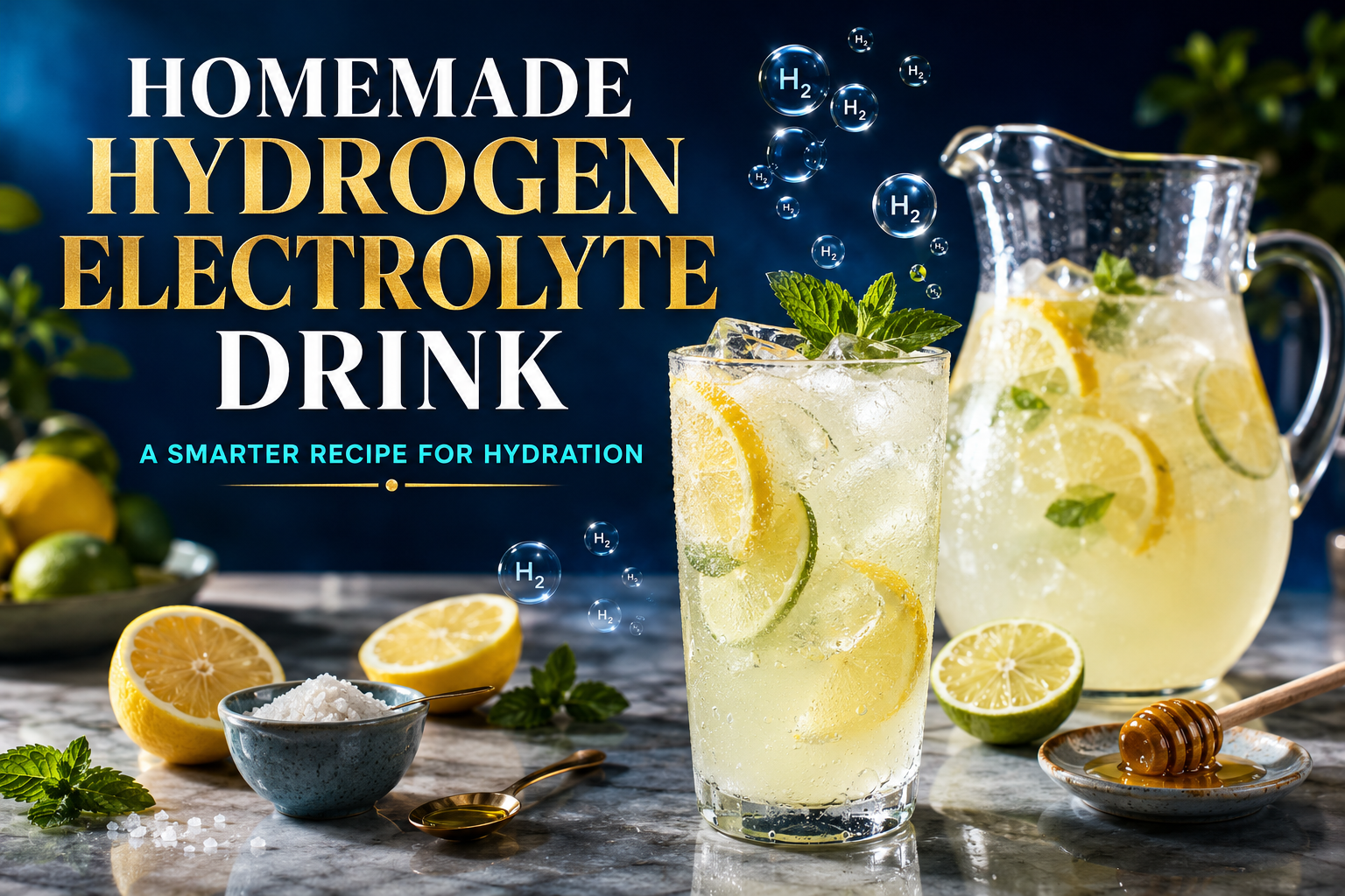 Homemade hydrogen electrolyte drink with H₂ water, measured sea salt, lemon and optional carbohydrate