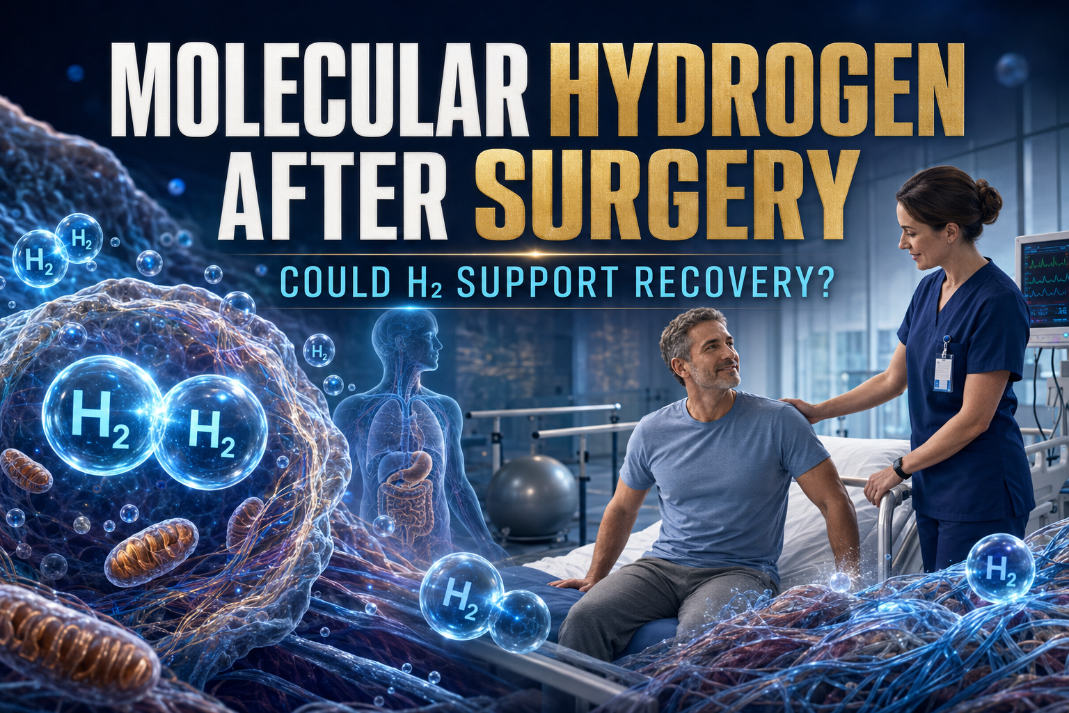 Molecular hydrogen therapy after surgery research showing H₂ molecules, cellular repair and supervised postoperative recovery