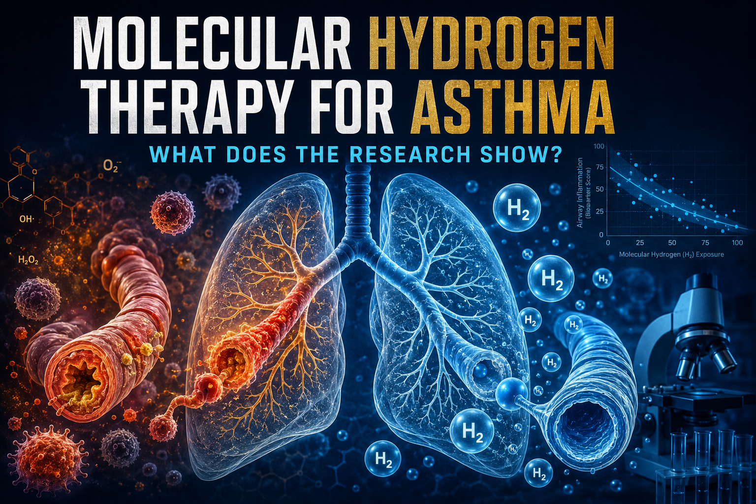 Molecular hydrogen therapy for asthma research showing H₂ molecules, inflamed airways and healthy lung structures