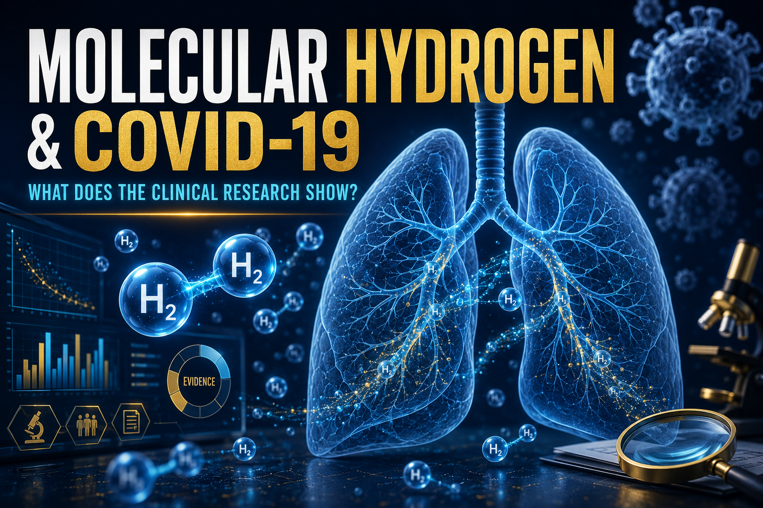 Molecular hydrogen and COVID-19 clinical research showing H2 molecules, lungs and medical evidence