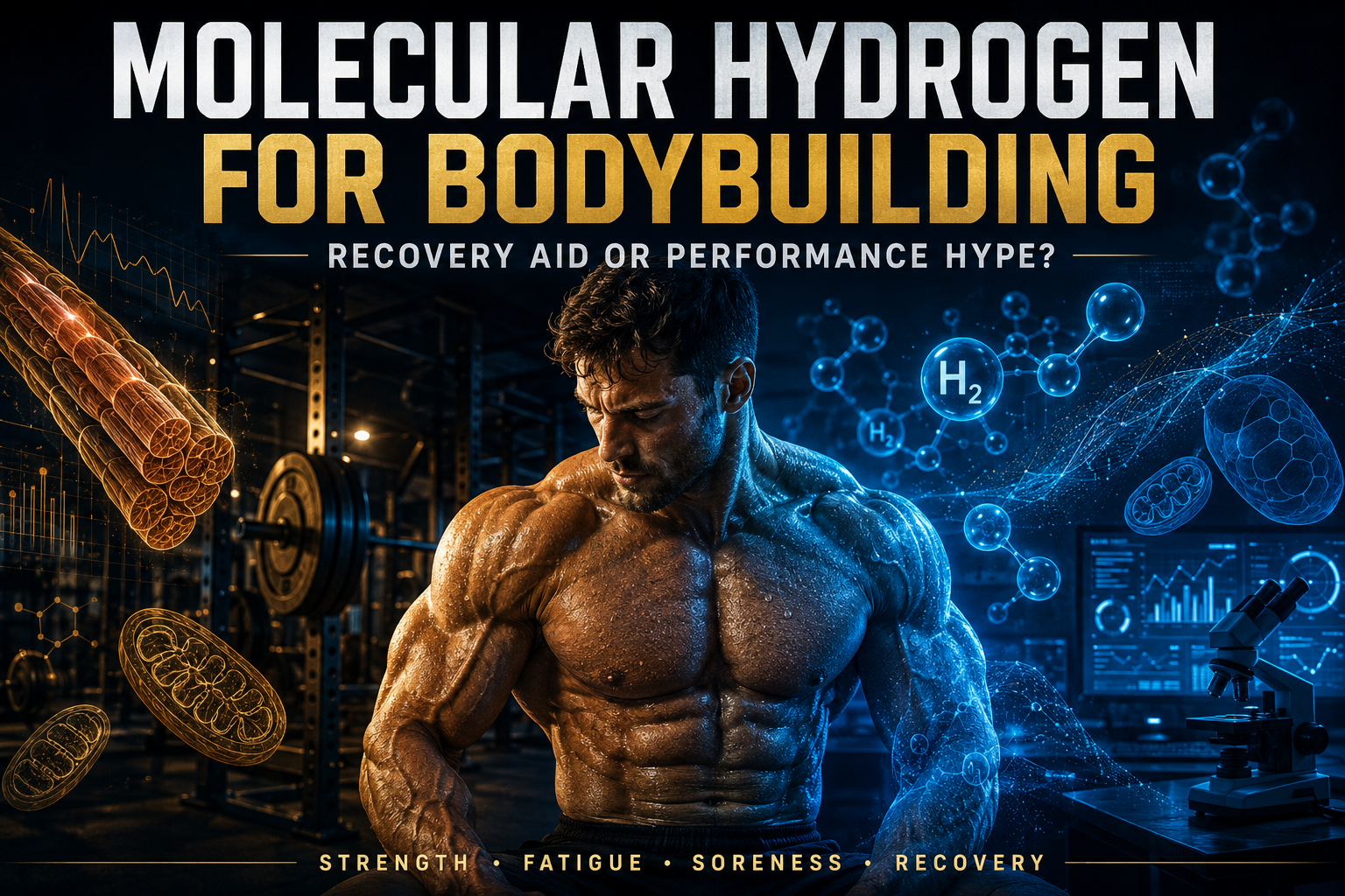 Molecular hydrogen for bodybuilding illustrated with an athlete, H₂ molecules, muscle fibers and recovery science