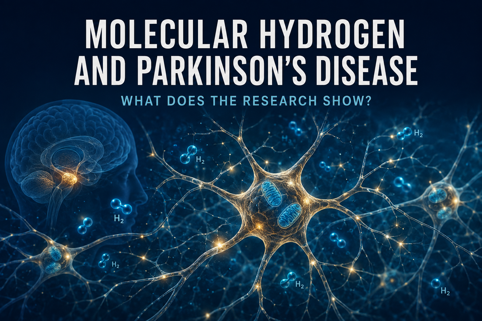 Molecular hydrogen and Parkinson’s disease research illustrated with H₂ molecules, dopamine-producing neurons, mitochondria and the human brain
