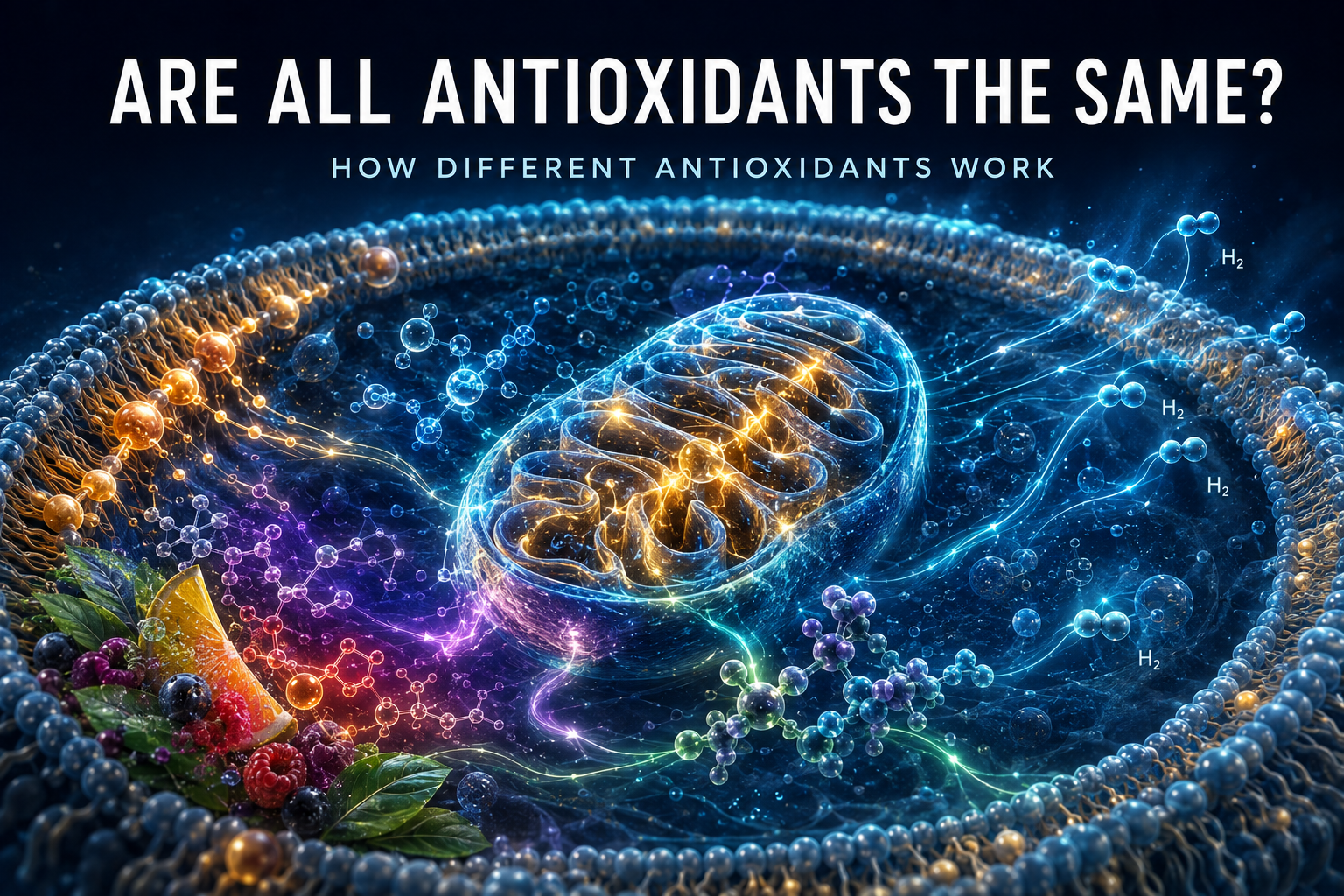 Antioxidants compared inside a human cell, showing a mitochondrion, antioxidant-rich foods, molecular pathways and H₂
