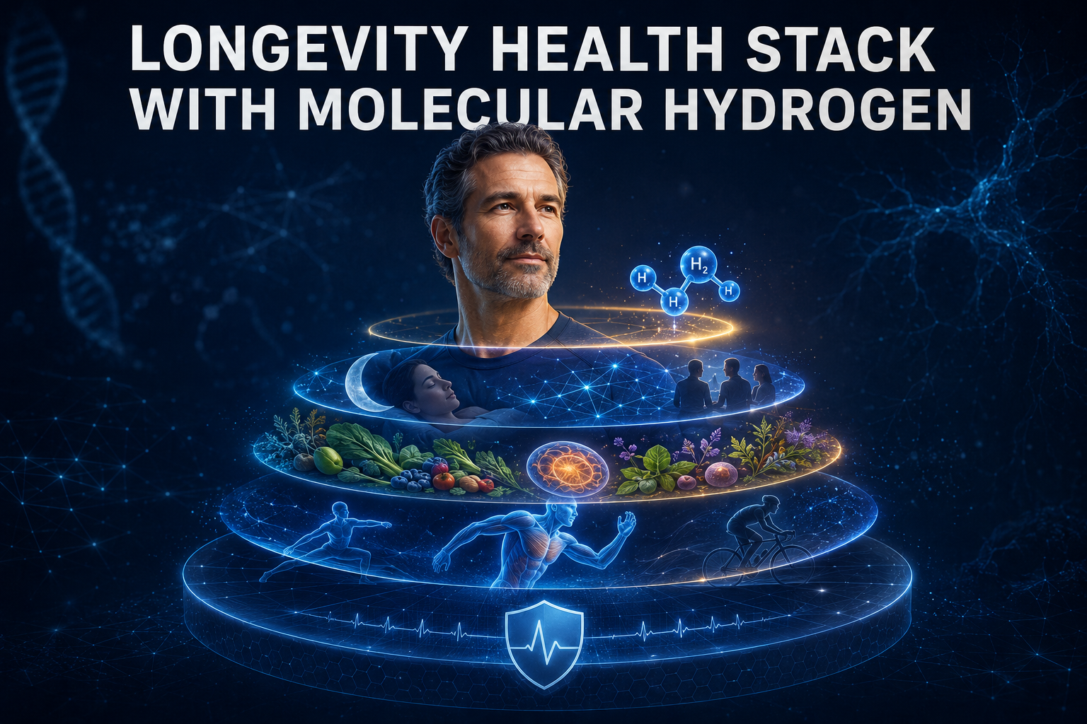 Longevity health stack with molecular hydrogen illustrated as five layers of prevention, exercise, nutrition, recovery and targeted support