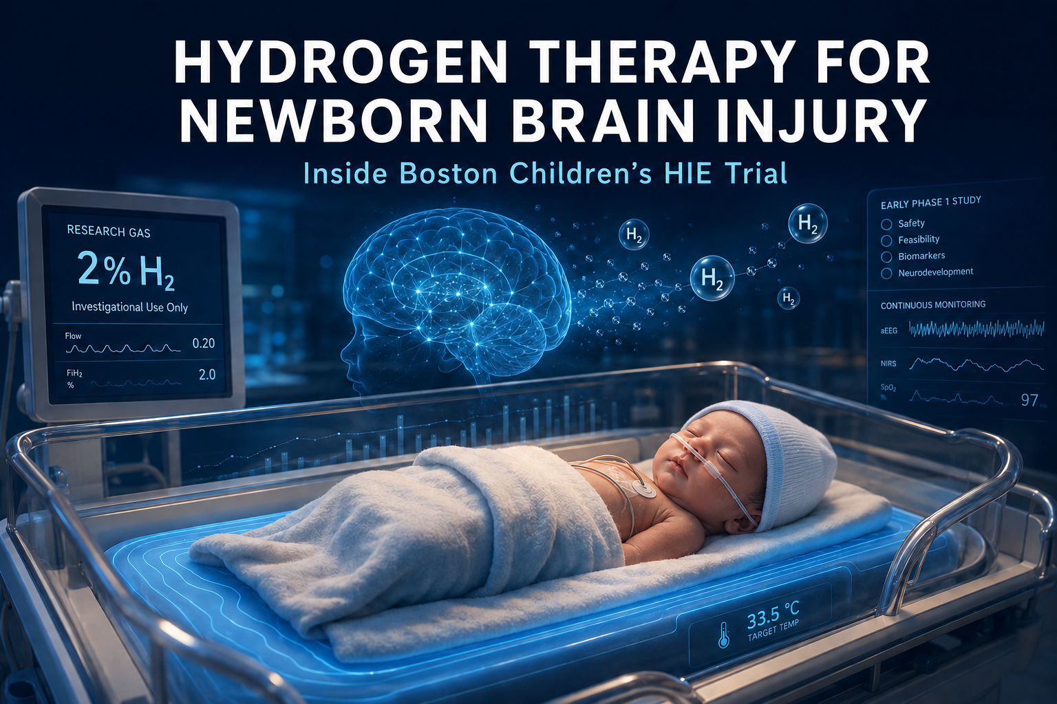 Hydrogen therapy for newborn brain injury illustrated as controlled H₂ research alongside therapeutic cooling in a neonatal intensive care unit