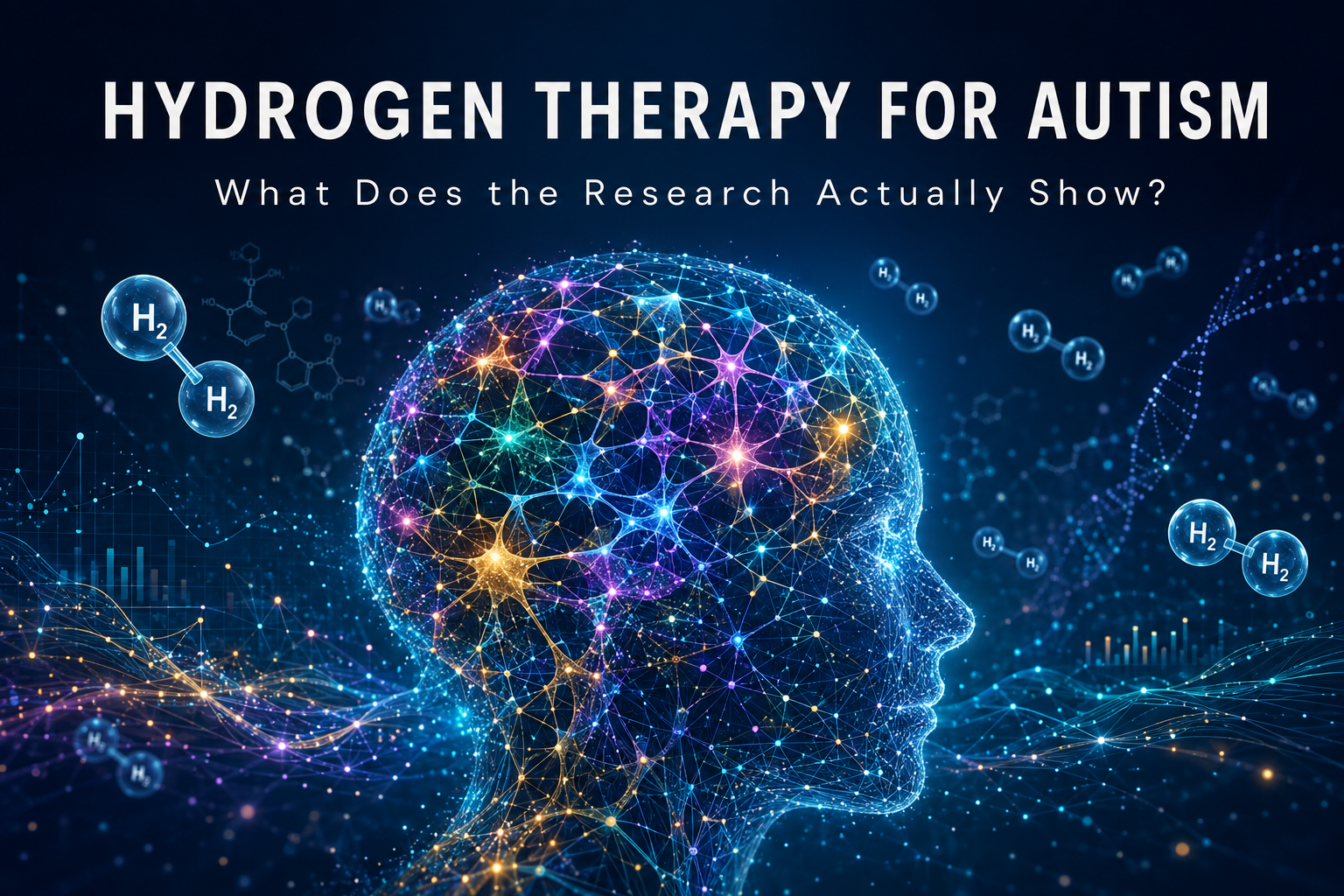 Molecular hydrogen and autism research illustrated with an H₂ molecule beside a diverse neurological network