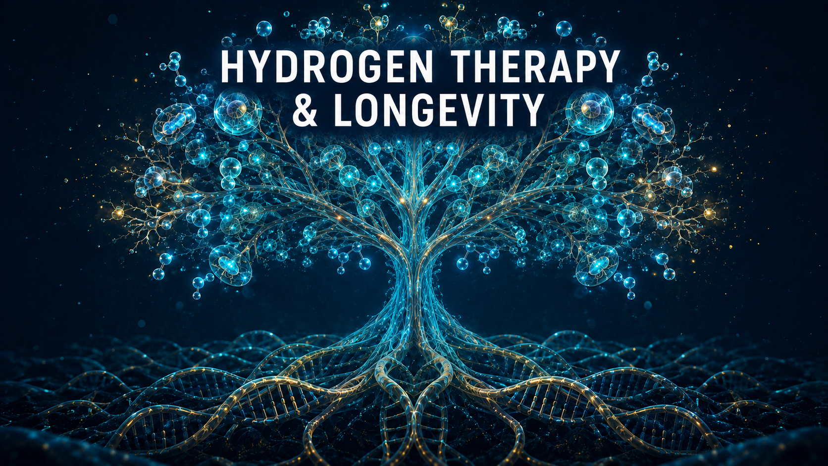 Hydrogen therapy and longevity illustrated as a cellular tree with DNA roots, mitochondria and molecular hydrogen