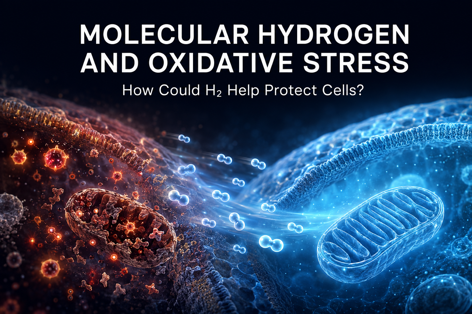 Molecular hydrogen and oxidative stress showing H₂ molecules moving between an oxidatively damaged cell and a healthy balanced cell