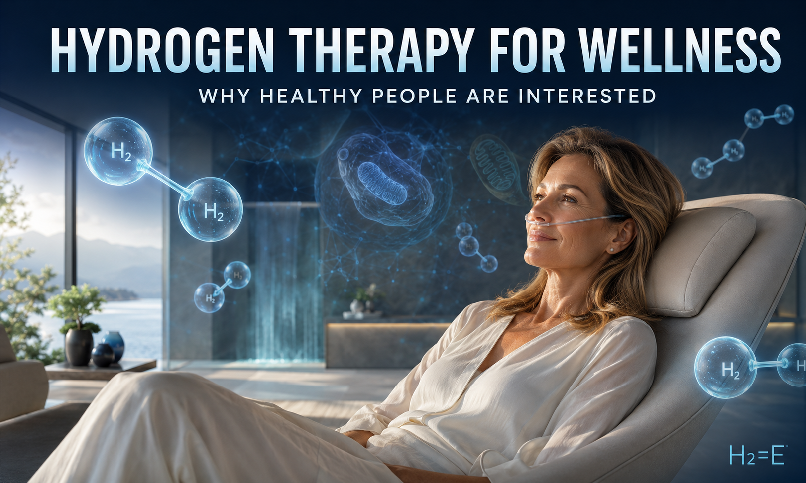 Healthy woman using hydrogen therapy for wellness with H₂ molecules and mitochondrial research imagery