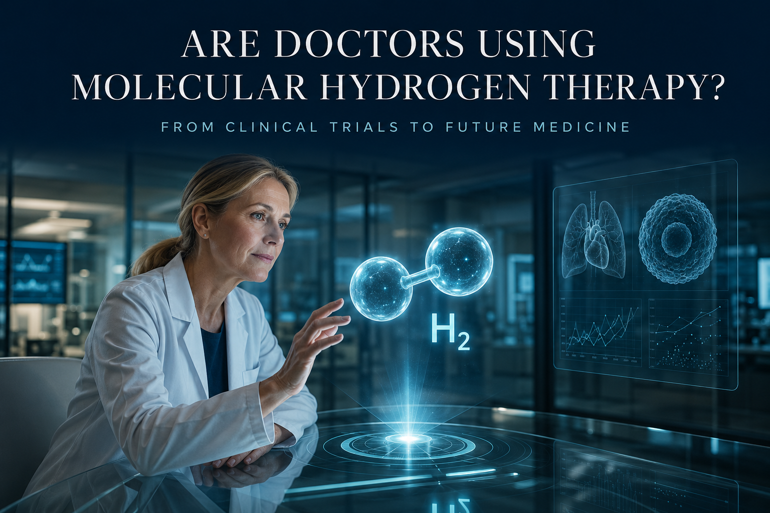 Doctor examining an H₂ molecule and clinical research data on molecular hydrogen therapy