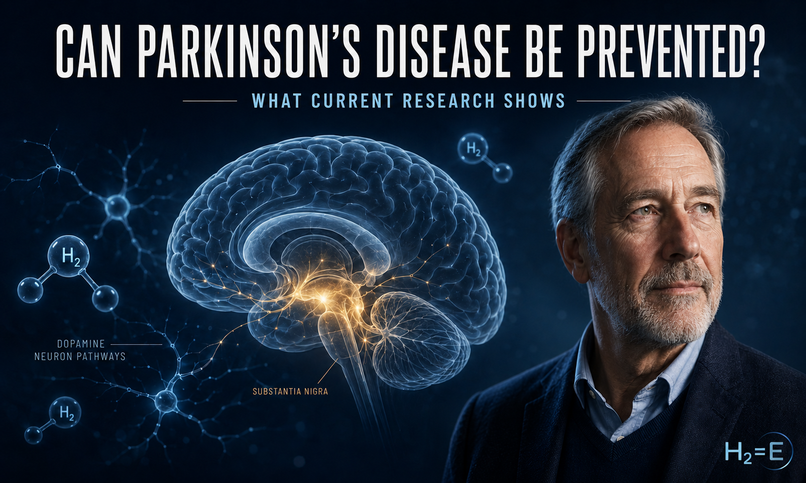 Mature man beside a brain illustration highlighting dopamine pathways and molecular hydrogen research into Parkinson’s disease