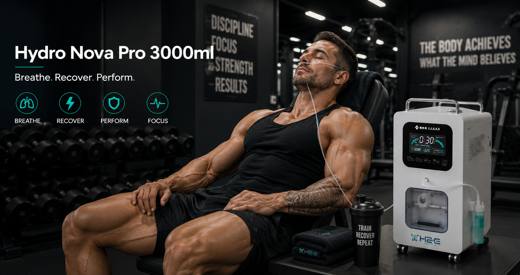 Athlete using the Hydro Nova Pro 3000ml hydrogen inhalation machine after training Title
