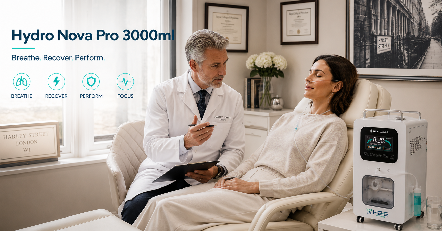 Hydro Nova Pro 3000ml hydrogen inhalation machine being used in a professional clinic