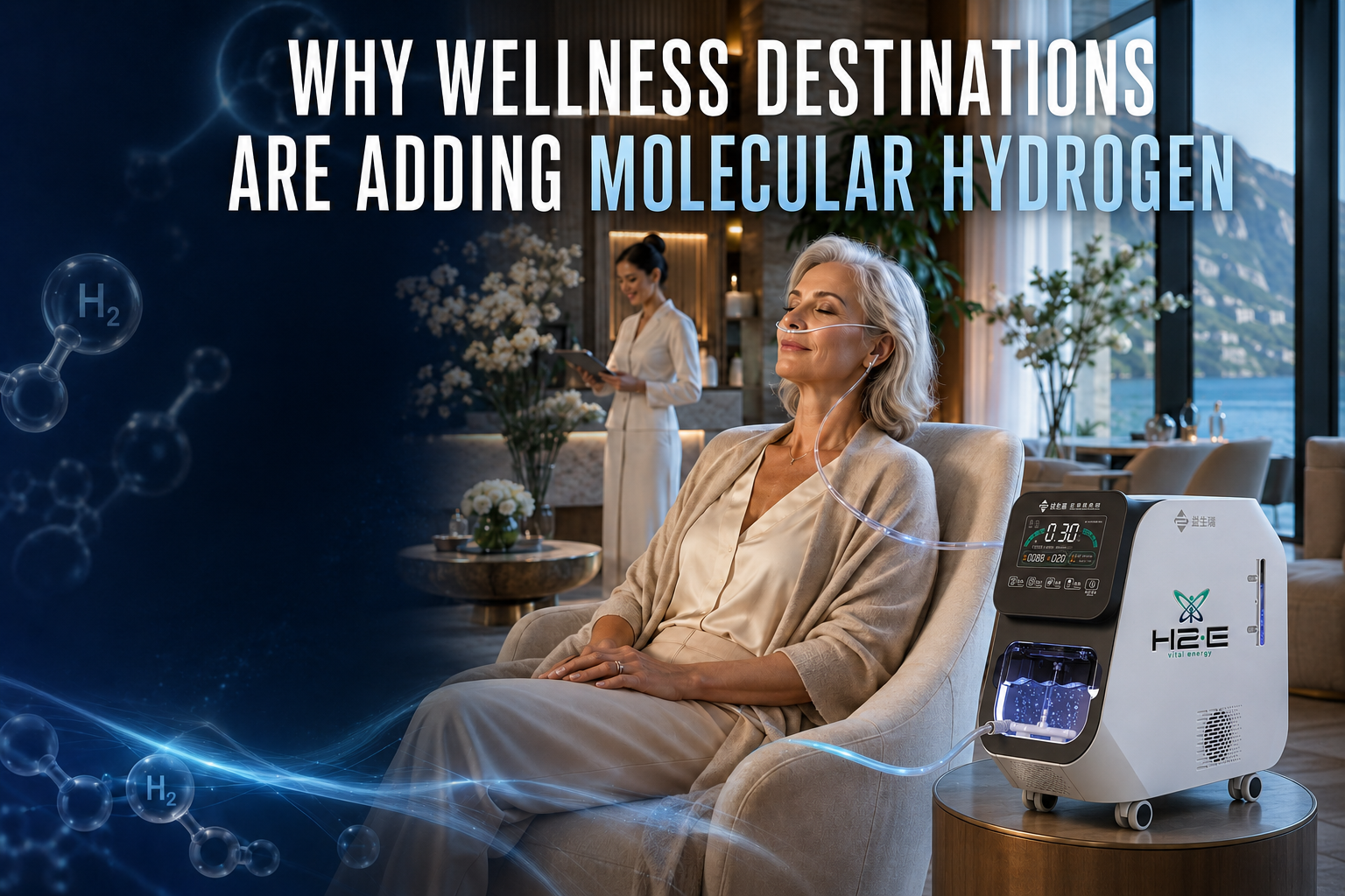 Woman using an H2=E molecular hydrogen machine in a luxury wellness and longevity centre