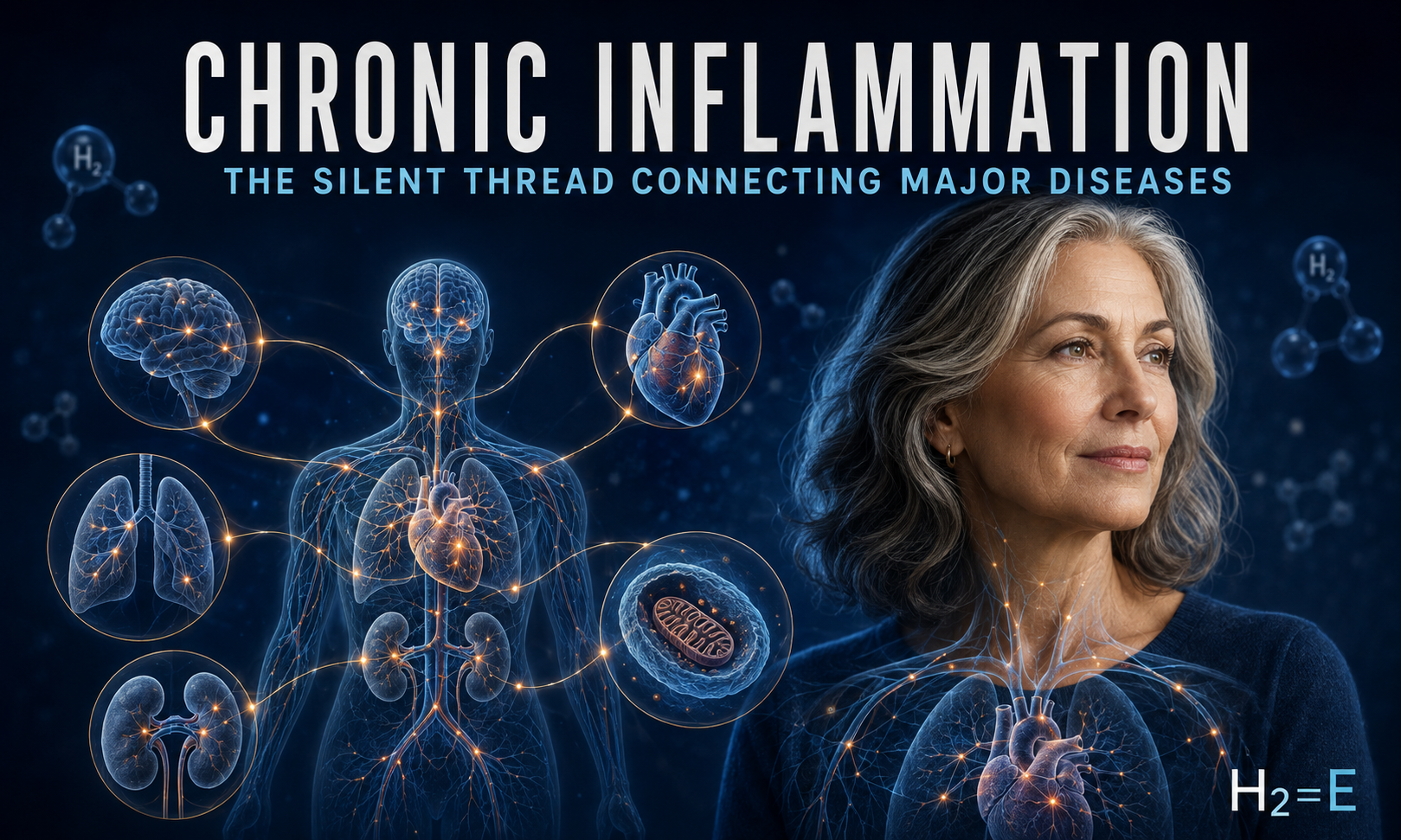 Mature woman with connected illustrations of the brain, heart, lungs, kidneys and mitochondria representing chronic inflammation