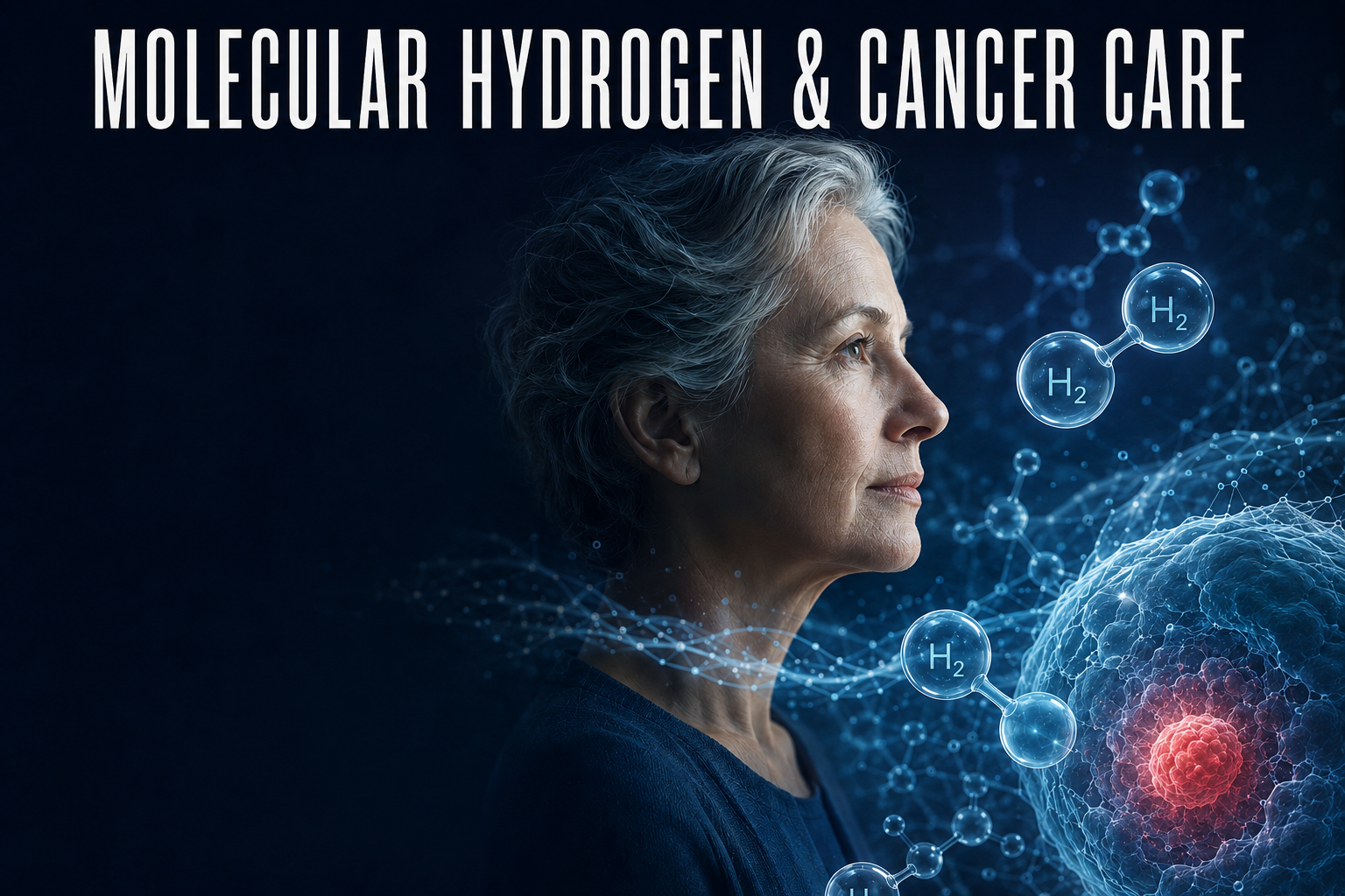 Mature woman with H₂ molecules and a cellular illustration representing research into molecular hydrogen and cancer care