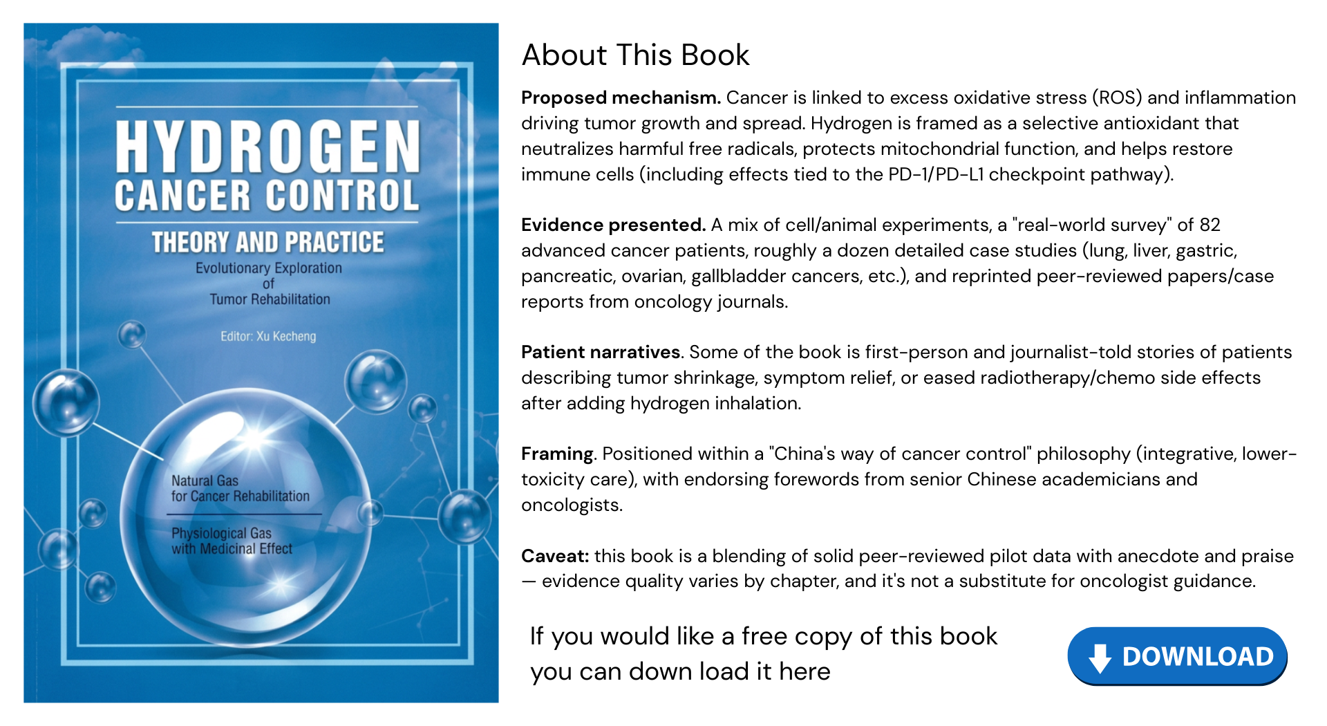 Hydrogen Cancer Control book cover with an overview of its theories, evidence, patient stories and limitations