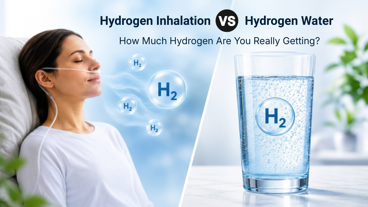 Comparison of hydrogen gas inhalation and hydrogen-rich water showing a person using hydrogen therapy through a nasal cannula alongside a glass of hydrogen water with H₂ molecules.