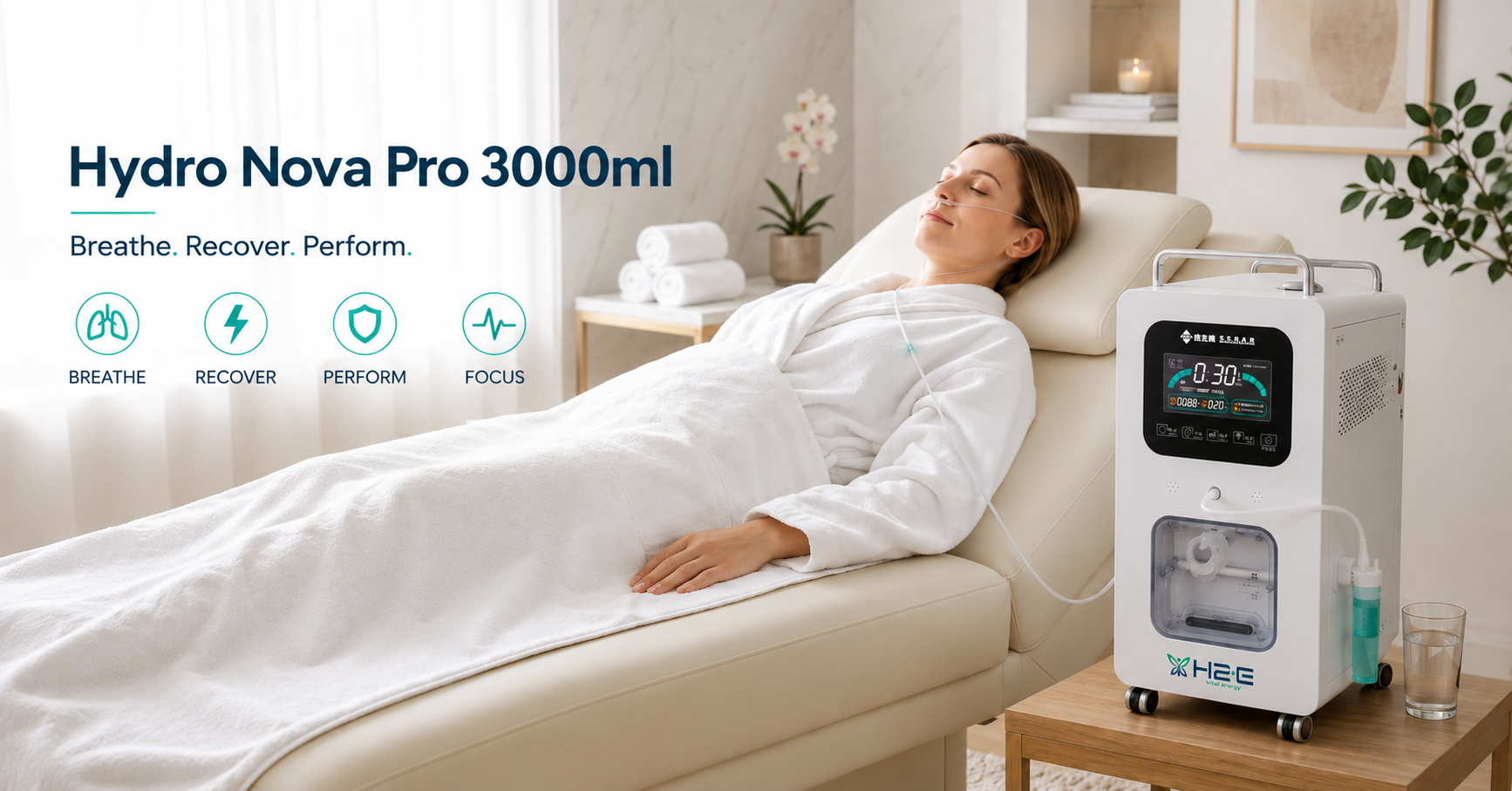 Woman relaxing while using the Hydro Nova Pro 3000ml hydrogen inhalation machine in a wellness clinic
