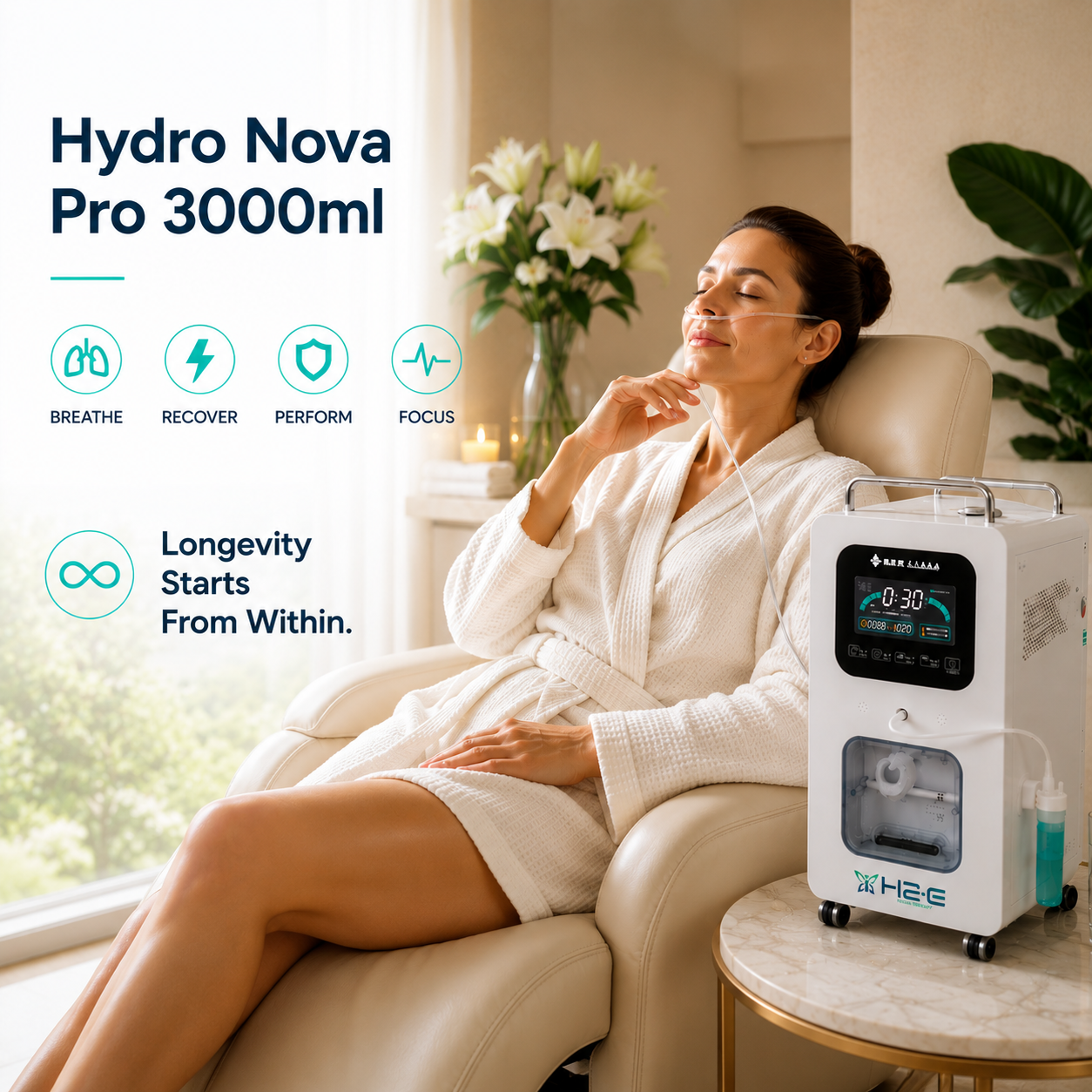 Woman relaxing while using the Hydro Nova Pro 3000ml hydrogen therapy machine with a nasal cannula in a luxury spa setting, illustrating molecular hydrogen therapy for longevity, healthy ageing, and skin health.