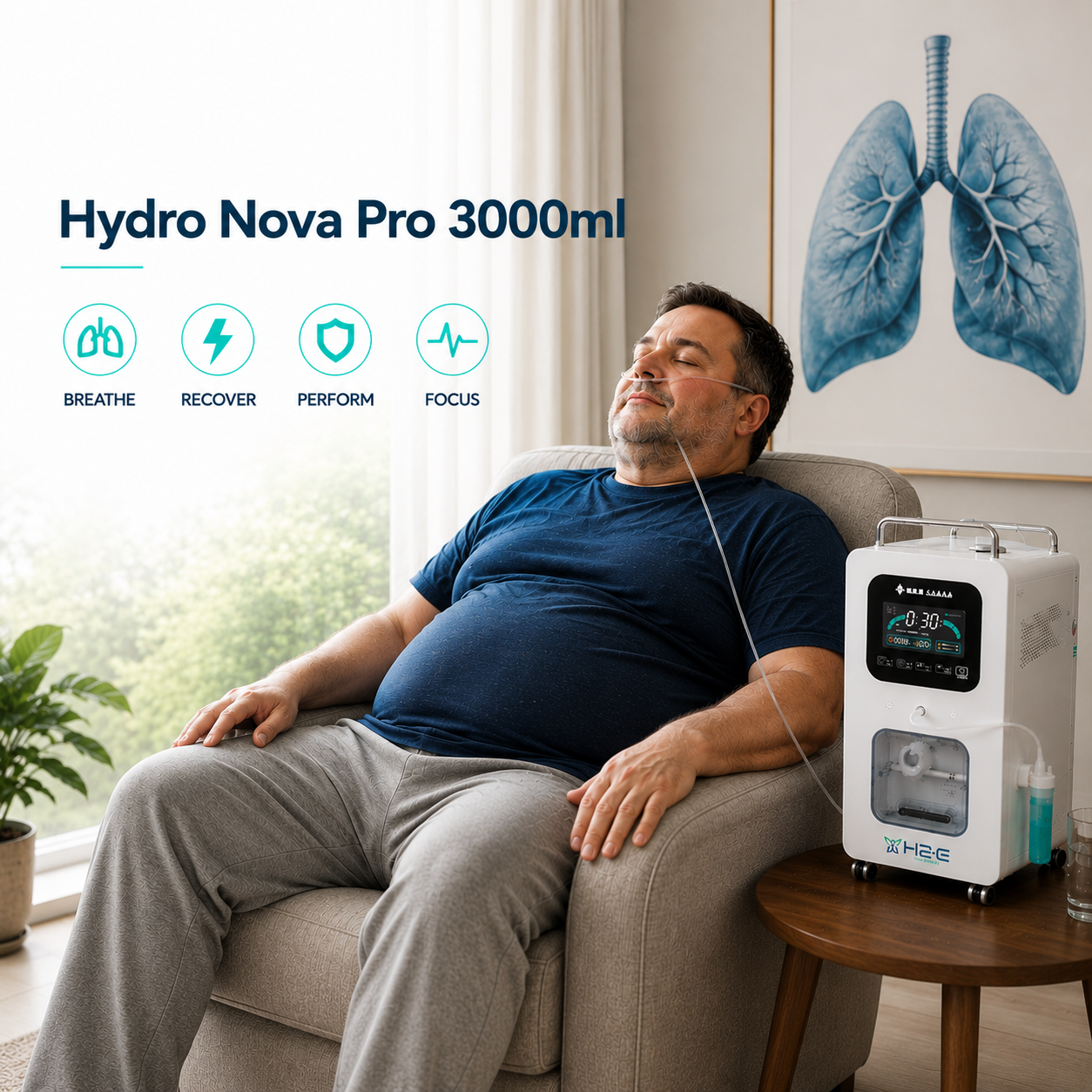 Man using the Hydro Nova Pro 3000ml hydrogen therapy machine with a nasal cannula in a comfortable home setting, illustrating molecular hydrogen therapy that may help support cardiovascular health and overall wellbeing.
