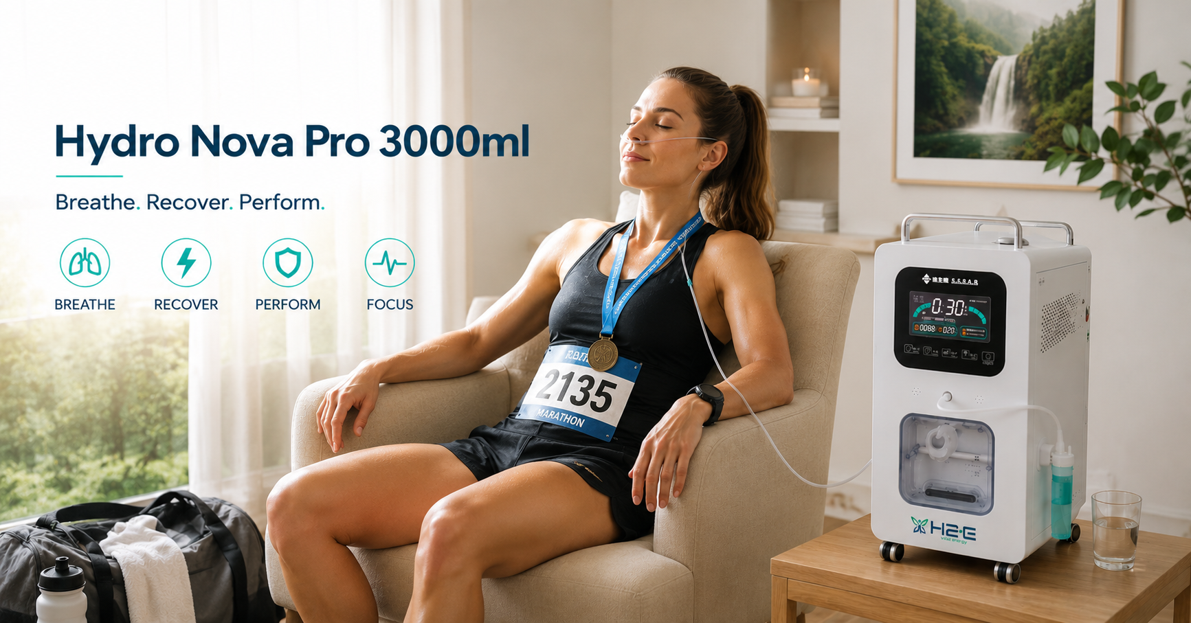 Female marathon runner using the Hydro Nova Pro 3000ml hydrogen inhalation machine after a race