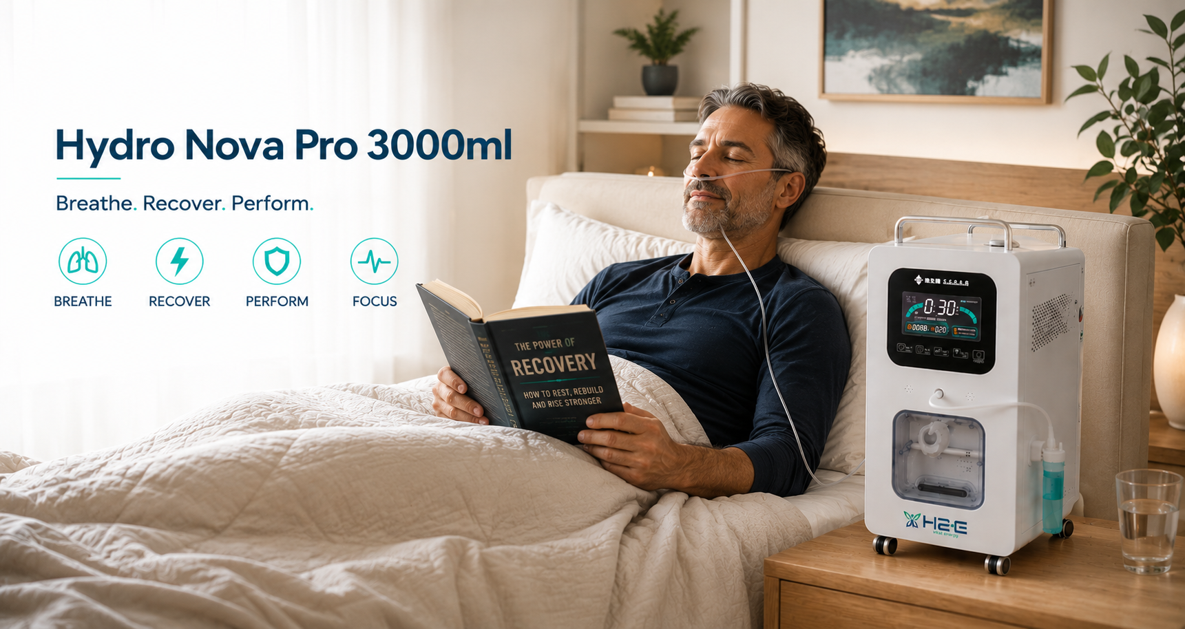Man relaxing at home while using the Hydro Nova Pro 3000ml hydrogen inhalation machine