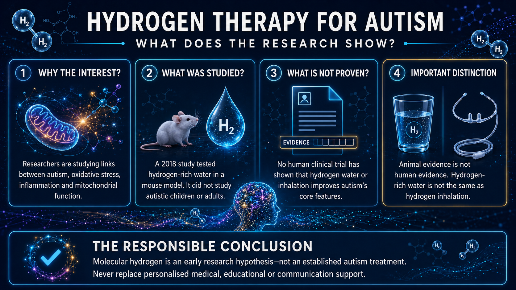 Infographic explaining current research on hydrogen therapy for autism, including mouse evidence, limitations and the lack of human clinical trials