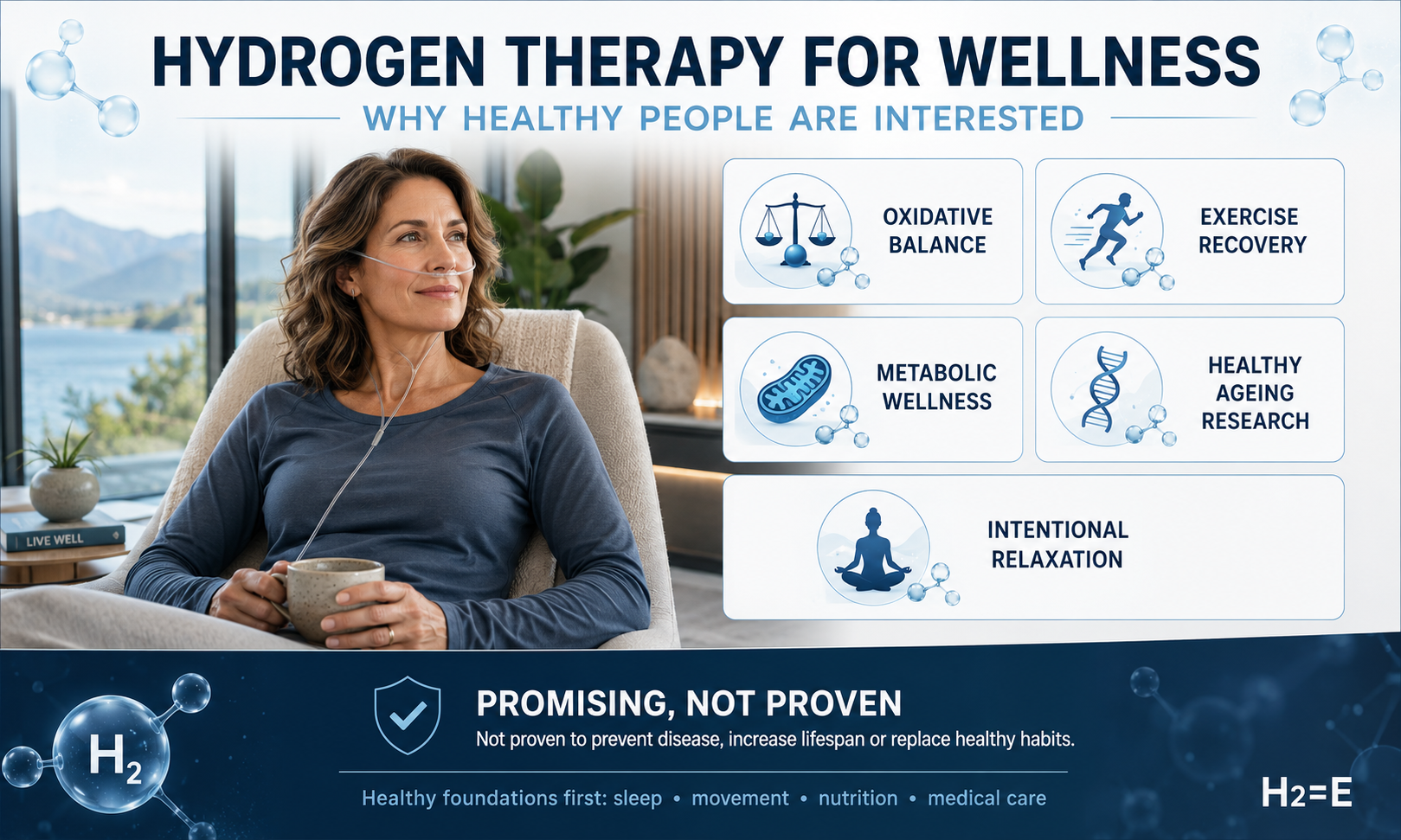 Woman using hydrogen therapy for wellness with icons representing oxidative balance, exercise recovery, metabolic wellness, healthy ageing research and relaxation
