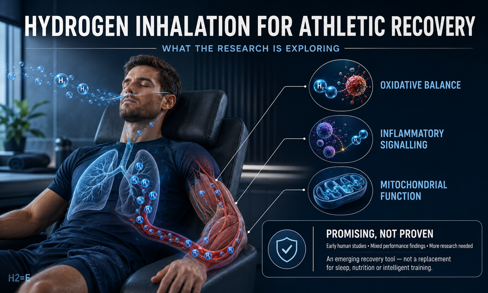 Athlete using hydrogen inhalation for athletic recovery with illustrations of oxidative balance, inflammatory signalling and mitochondrial function