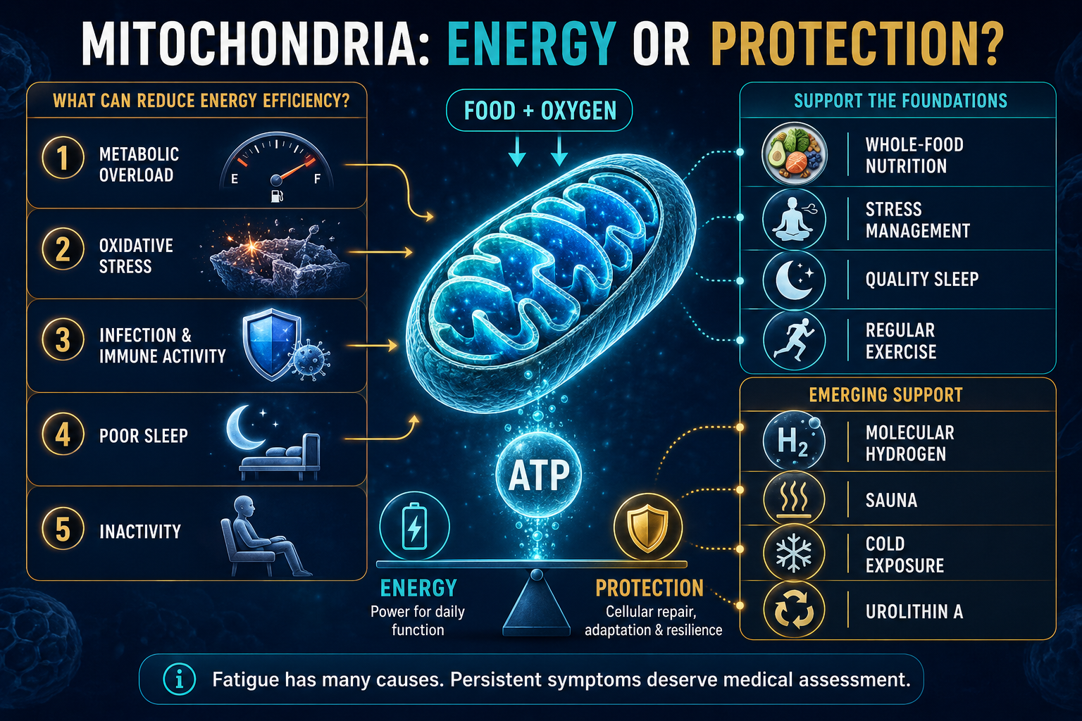 Infographic explaining mitochondrial ATP production, factors affecting energy efficiency and supportive approaches including molecular hydrogen.