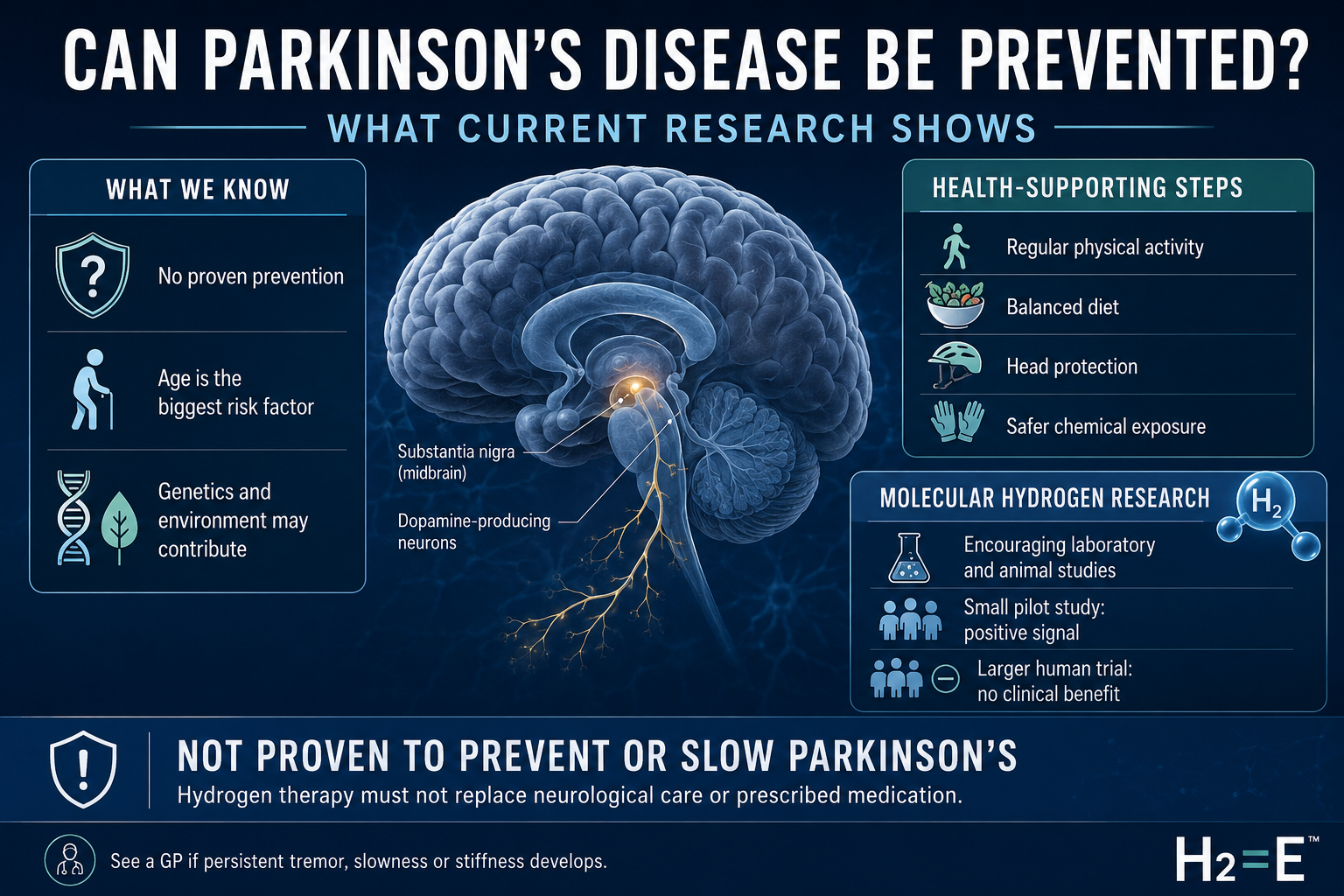 Infographic explaining Parkinson’s prevention, health-supporting steps and molecular hydrogen research, with an illustration of the brain and dopamine-producing neurons