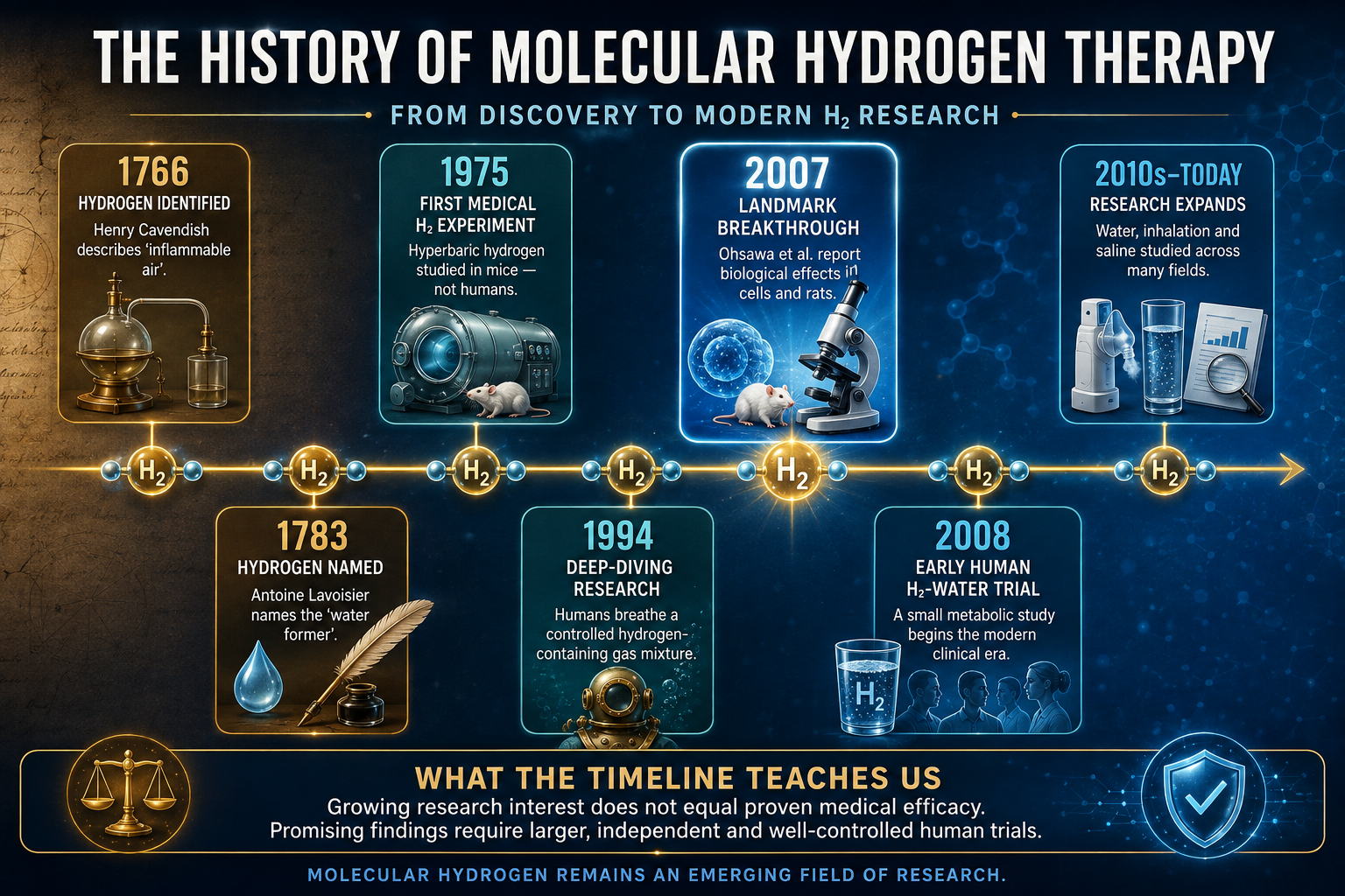 History of molecular hydrogen therapy timeline from its 1766 discovery to modern H₂ research