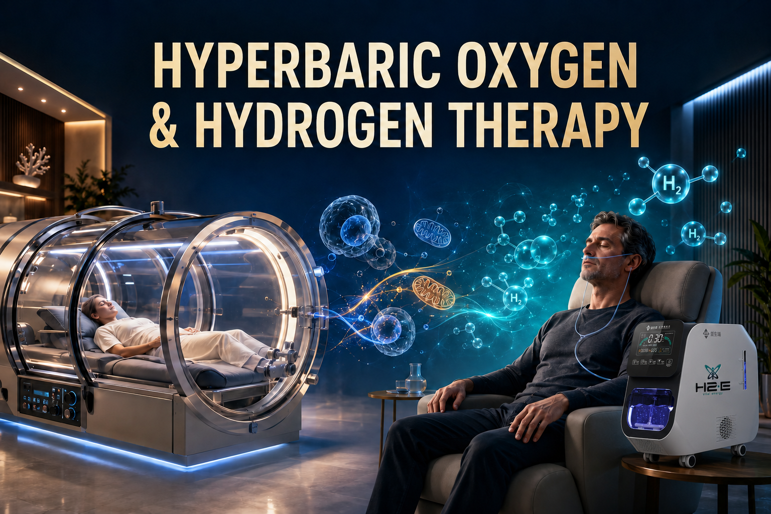 Hyperbaric oxygen chamber and molecular hydrogen therapy illustrating their different effects on oxygenation, oxidative stress and recovery