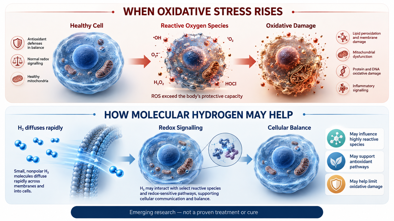 Infographic showing oxidative cell damage and how molecular hydrogen may support redox signalling, antioxidant pathways and cellular balance